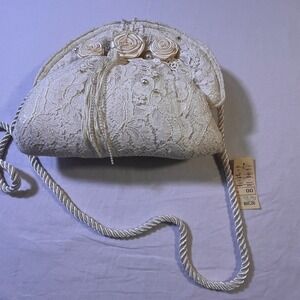 Marie Palmese Lace Rosette Clutch Evening Bag Pearl Beaded Chain Strap NWT